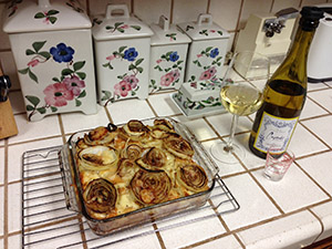 Delicious! My favorite recipe from Cooking Light, Onion Bread Pudding with a nice Chardonnay