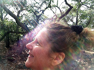 The reflection of the sun rays on my face in the oak forest at Descanso Gardens.
