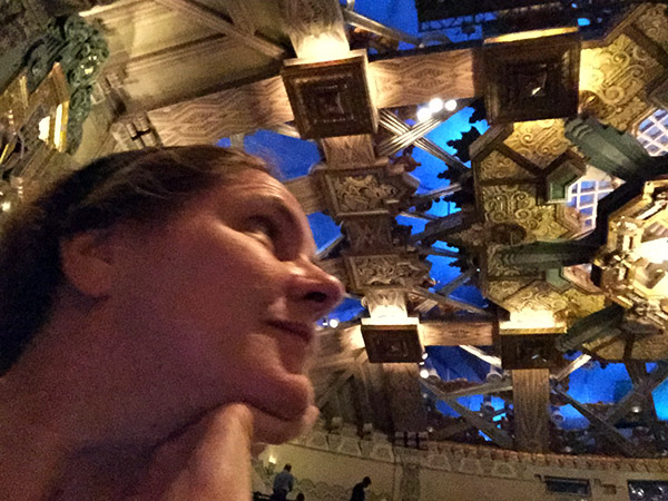 Laurie gazes at the ornate blue and gold ceiling at the Pantages Theater