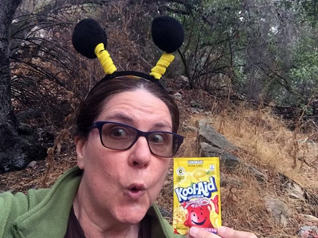 Laurie at the podcast rock wearing bee antennas and holding a package of lemon Kook-Aid